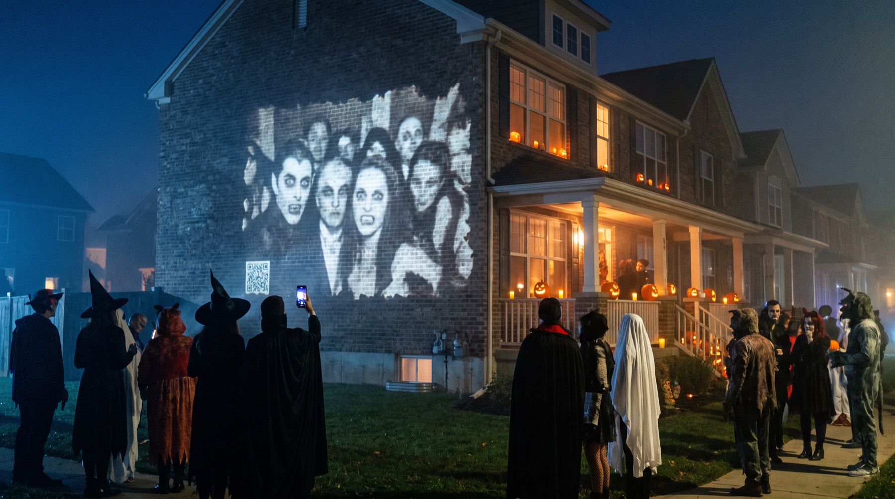 A Halloween party at night: guests in costume look up at their photo, restyled as vampires, projected onto the brick side of a house